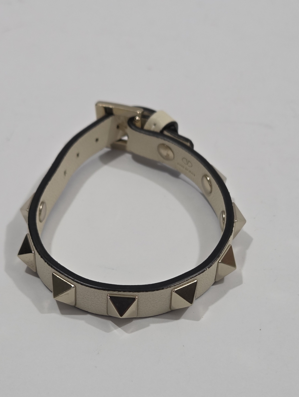Valentino Silver Gold Rockstud Leather Bracelet, Cream Beige.